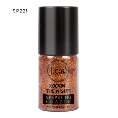 Frasco de pó cintilante bronze J.cat com tampa preta e texto preto