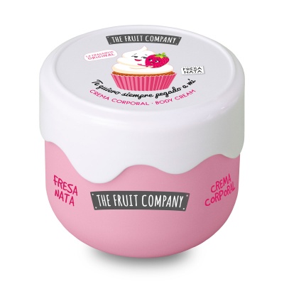 Frasco rosa e branco de creme corporal THE FRUIT COMPANY com imagem de cupcake