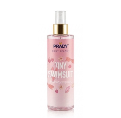 Frasco de body splash PRADY cor rosa com desenhos e tampa branca com dourado