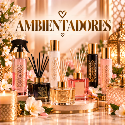 Conjunto de ambientadores de vidro com detalhes dourados, varetas aromáticas, spray e flores decorativas
