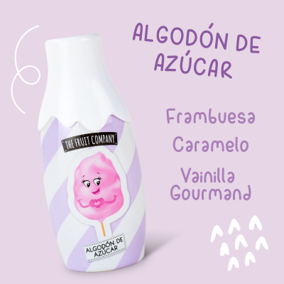 Frasco branco e lilás com imagem de algodão doce e texto em espanhol sobre sabores
