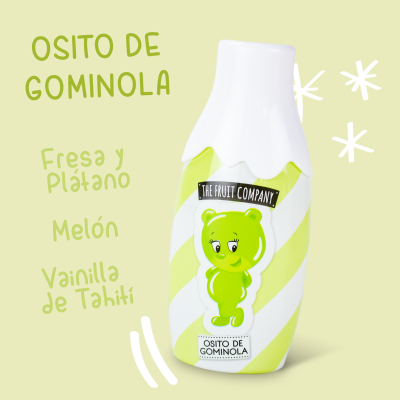 Frasco com ursinho verde e texto de sabores em fundo verde claro