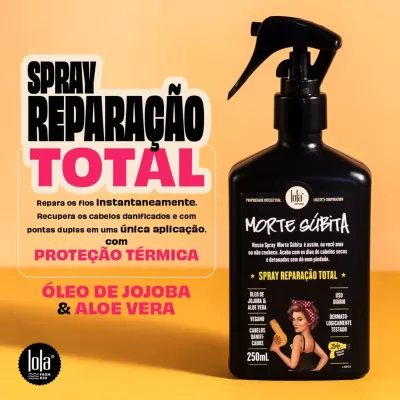 Frasco negro de spray reparação total com texto em português e destaque em rosa e amarelo