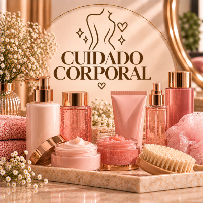 Conjunto de produtos de cuidado corporal em tons rosa e dourado com flores brancas e toalhas