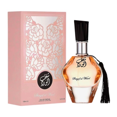 Frasco de perfume Shagaf al Ward com caixa rosa decorada