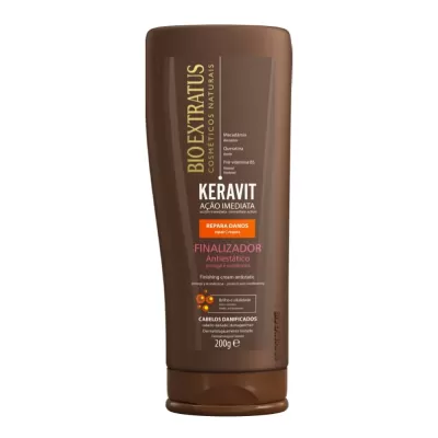 Frasco castanho de creme finalizador Keravit da Bio Extratus para cabelos danificados