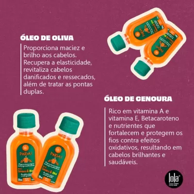 Duas embalagens de óleo de oliva e óleo de cenoura com texto explicativo numa parede roxa