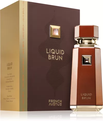 Frasco e caixa de perfume Liquid Brun em castanho e dourado