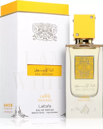 Frasco de perfume com tampa amarela e caixa branca e amarela com texto
