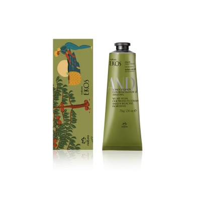 Creme para mãos em tubo verde e caixa com ilustração de açaí e plantas