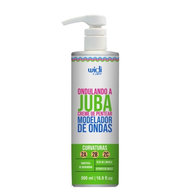 Frasco branco com tampa de bomba contendo creme para pentear modelador de ondas Widi Care