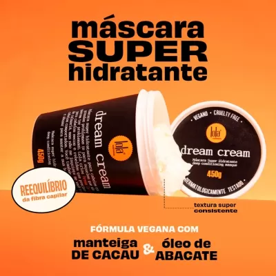 Máscara hidratante para cabelo Lola Cosmetics 450ml embalagem preta e branca com texto laranja e branco