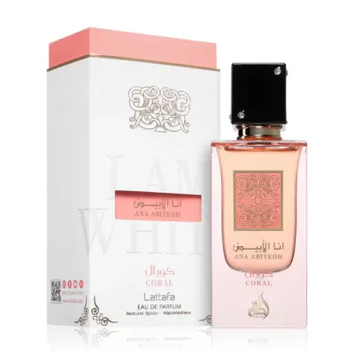 Perfume Lattafa Ana Abiyedh Coral em frasco de vidro rosa e caixa branca com tampa cor-de-rosa