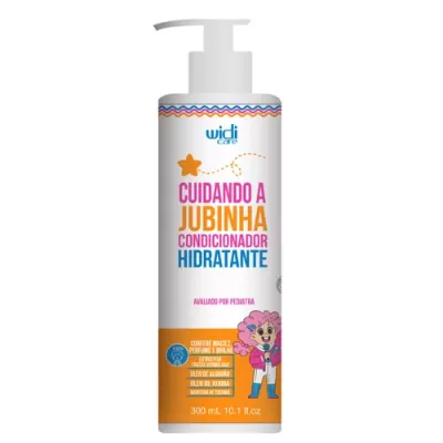 Frasco branco de condicionador hidratante infantil Widi Care com válvula de bomba e ilustração colorida.
