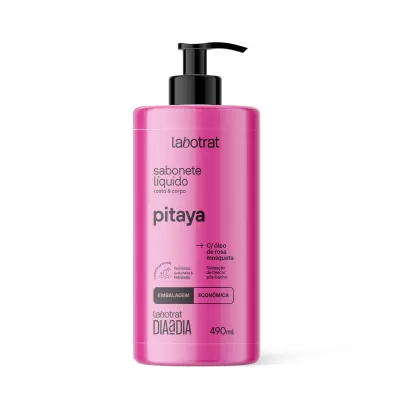 Frasco rosa de sabonete líquido Labotrat com dispenser preto.