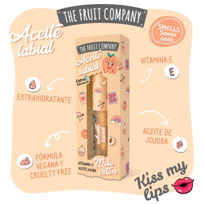 Embalagem creme labial THE FRUIT COMPANY com ilustrações de pêssegos e texto em tons bege e pêssego