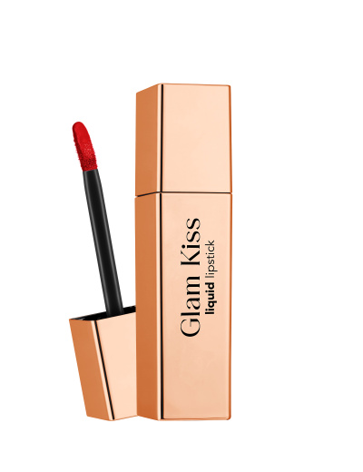 Batom líquido vermelho com embalagem dourada Glam Kiss