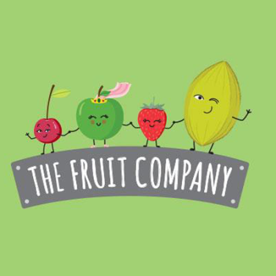 Ilustração de frutas animadas segurando placa THE FRUIT COMPANY
