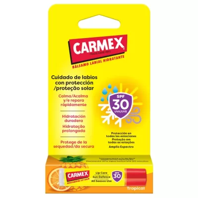 Embalagem de bálsamo labial hidratante Carmex com SPF 30 em amarela e laranja