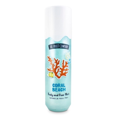 Frasco azul claro e branco de Body and Hair Mist com coral e peixe. 