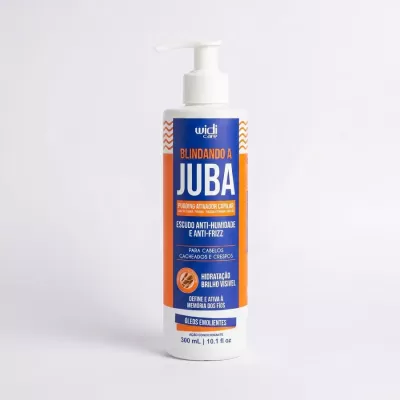 Frasco plástico branco com doseador de produto capilar Widi Care Blindando a Juba