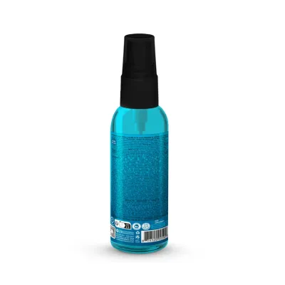 Frasco de spray azul com tampa preta e texto no rótulo