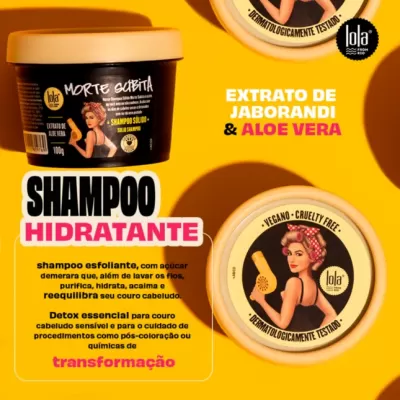Potes do shampoo esfoliante hidratante 'Morte Súbita' da Lola Cosmetics com texto informativo e fundo amarelo.