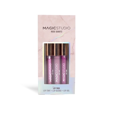 Kit de maquilhagem para lábios MAGICSTUDIO Rose Quartz com três produtos em embalagem rosa e translúcida.