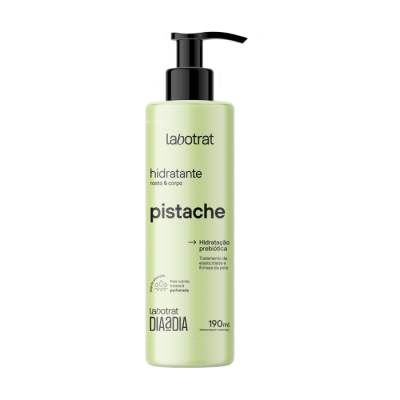 Frasco verde claro de hidratante labotrat pistache com doseador preto