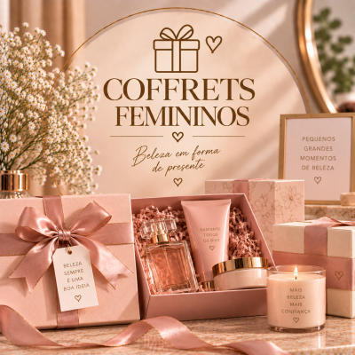 Coffrets femininos rosa com presentes cosméticos e vela, decorados com laços e texto motivacional