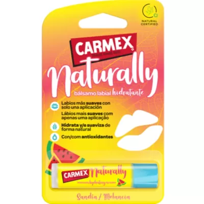 Bálsamo labial Carmex Naturally em embalagem amarela com texto e ícone de melancia.