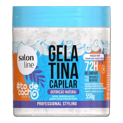 Frasco de gelatina capilar Salon Line azul e transparente com texto em várias línguas
