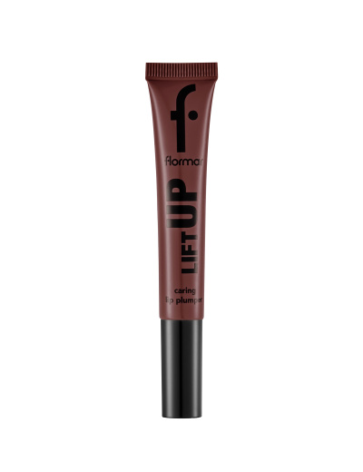 Tubo marrom escuro com tampa preta e texto preto flormar LIFT UP caring lip plumper