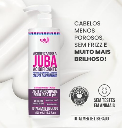 Frasco de produto para cabelo acidificante Widi Care 500ml com texto informativo ao lado