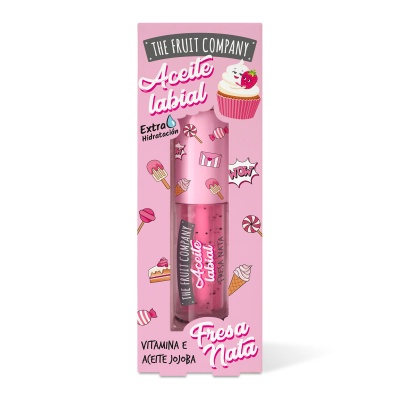 Embalagem cor-de-rosa de aceite labial com desenhos de cupcakes e doces, texto em espanhol