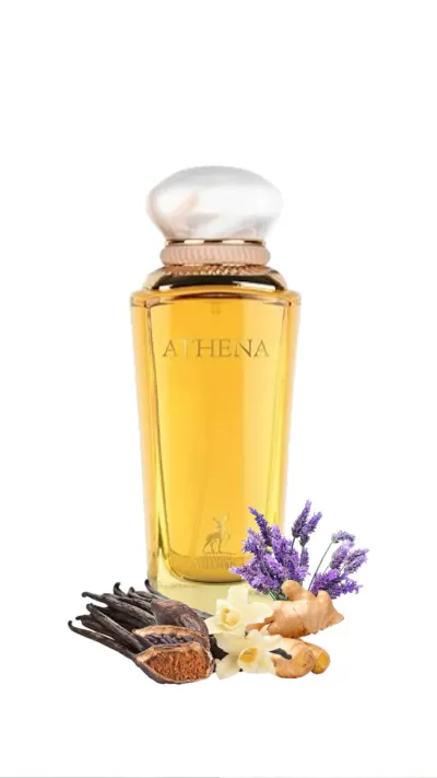 Frasco de perfume ATHENA com ingredientes naturais ao redor