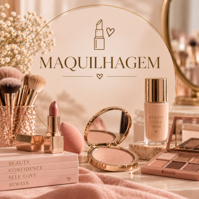 Produtos de maquilhagem em tons nude e dourado organizados sobre livros cor de rosa e fundo claro com texto MAQUILHAGEM