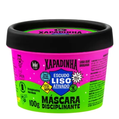 Máscara disciplinante para cabelo Xapadinha em embalagem rosa e verde com tampa preta