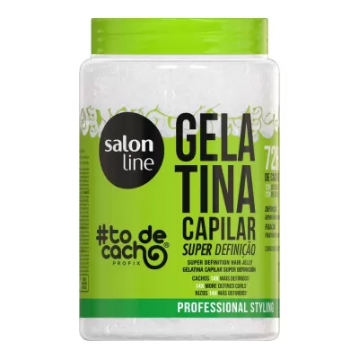 Frasco de gelatina capilar transparente com tampa verde e rótulo verde e branco