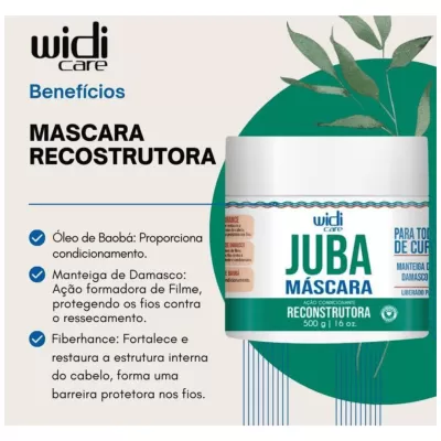 Embalagem de máscara capilar Widi Care Juba Máscara Reconstrutora com texto explicativo dos benefícios
