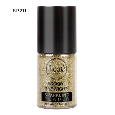 Frasco de pó cintilante dourado J.cat Beauty com tampa preta