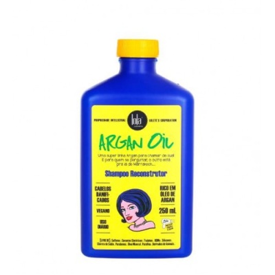Frasco azul de shampoo com tampa amarela e etiqueta amarela com texto e imagem