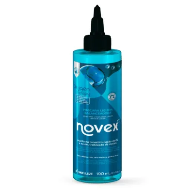 Frasco azul de máscara líquida balanceadora Novex com tampa preta e texto em branco