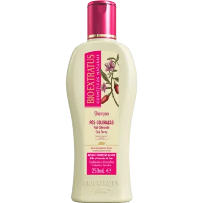Frasco de shampoo Bio Extratus com tampa rosa e rótulo ilustrado e texto em português e inglês