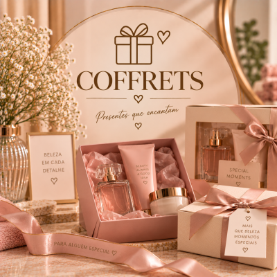 Conjunto de presentes em caixas rosa e bege com cosméticos e perfumes e texto COFFRETS Presentes que encantam.