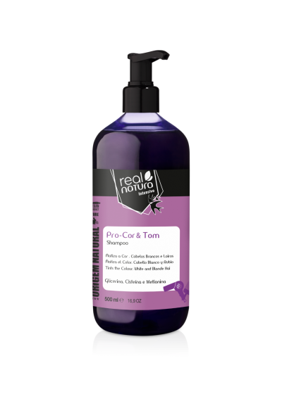 Frasco de shampoo roxo com doseador preto e rótulo lilás e preto com texto multilingue