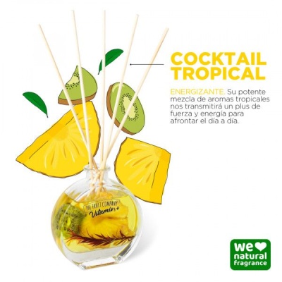 Recipiente de difusor de aroma com ilustrações de frutas tropicais e texto em espanhol