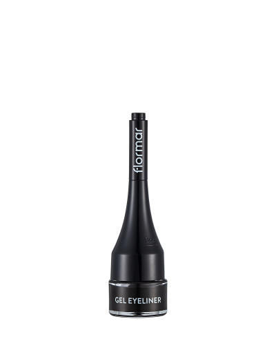 Eyeliner em gel preto com embalagem preta e tampa com texto flormar
