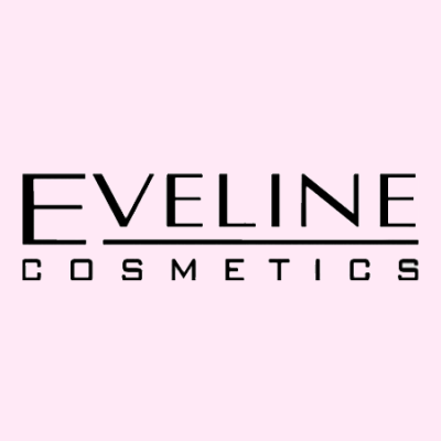 Logótipo EVELINE COSMETICS em preto sobre fundo rosa