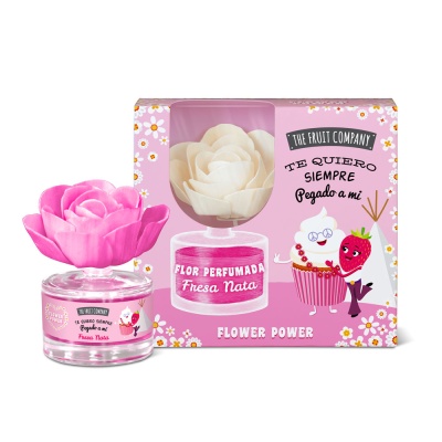 Frasco de vidro com flor perfumada artificial rosa e embalagem cor-de-rosa com texto de marca e descrição